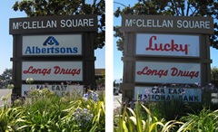 [Photo of a Lucky sign, before and after the conversion from Albertsons]